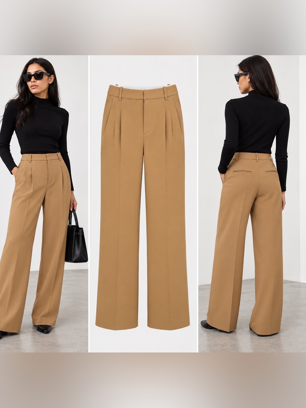 Aritzia The Effortless Pant™ - Crepette™ Camel Pleated Wide Leg High Rise size 8